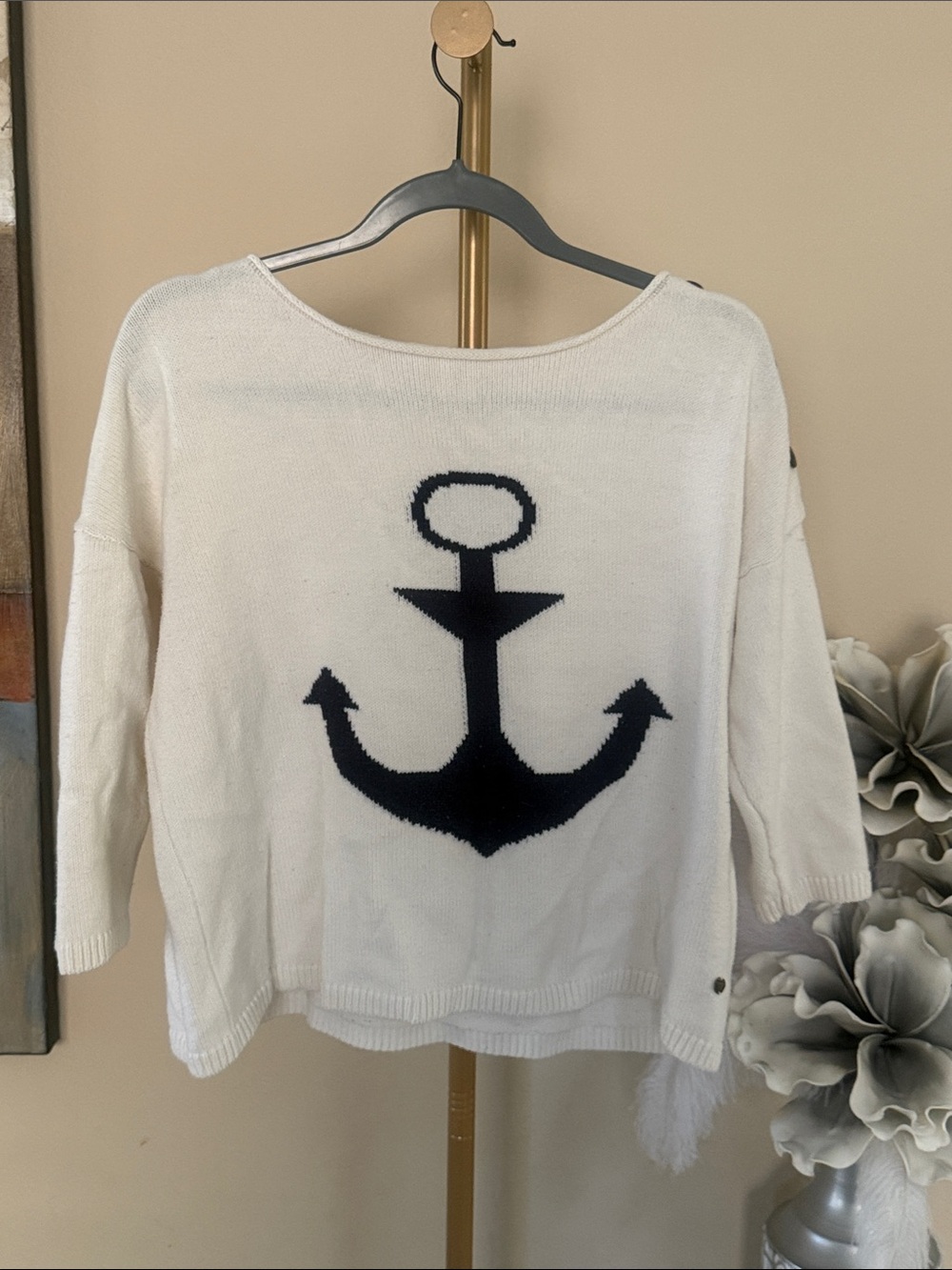 White Crewneck Sweater with Navy Anchor Motif
